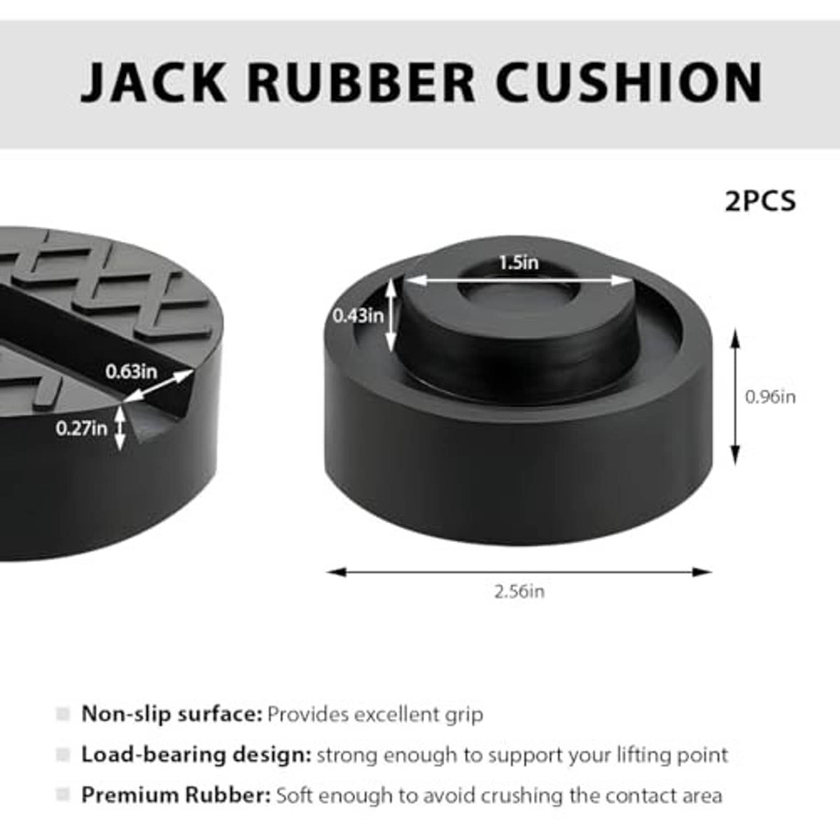 Single black rubber jack pad with center hole and raised textured traction top.