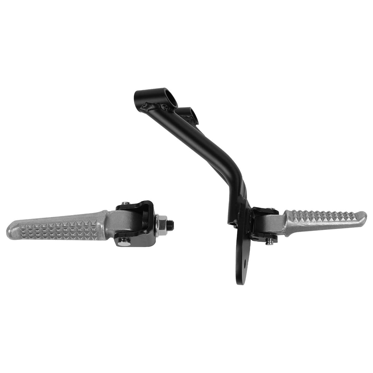 Pair of black rear passenger footpegs with textured silver steps and side brackets