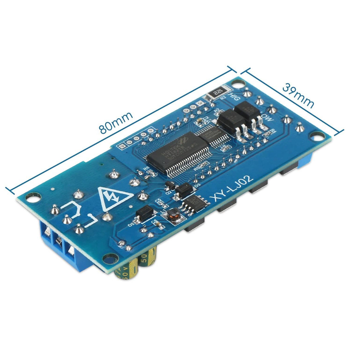 Timer relay module board with size labels 80mm and 59mm, showing IC and connectors