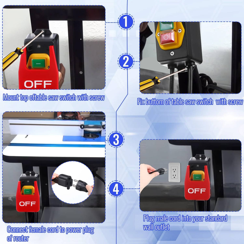 Mounted on/off table switch with green rocker and red OFF paddle, power plug cables