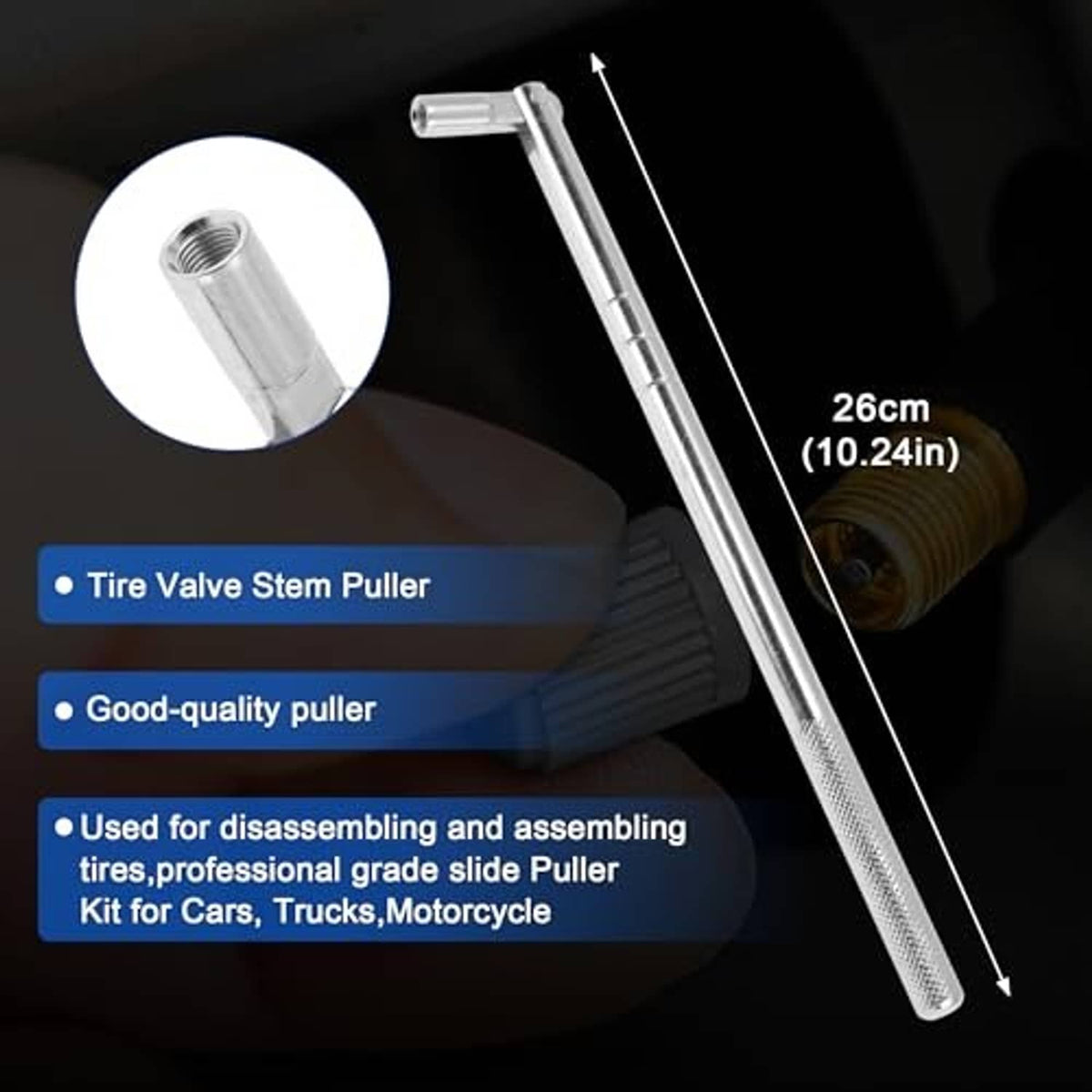 Tire valve stem puller tool with long chrome shaft for removing valve cores.