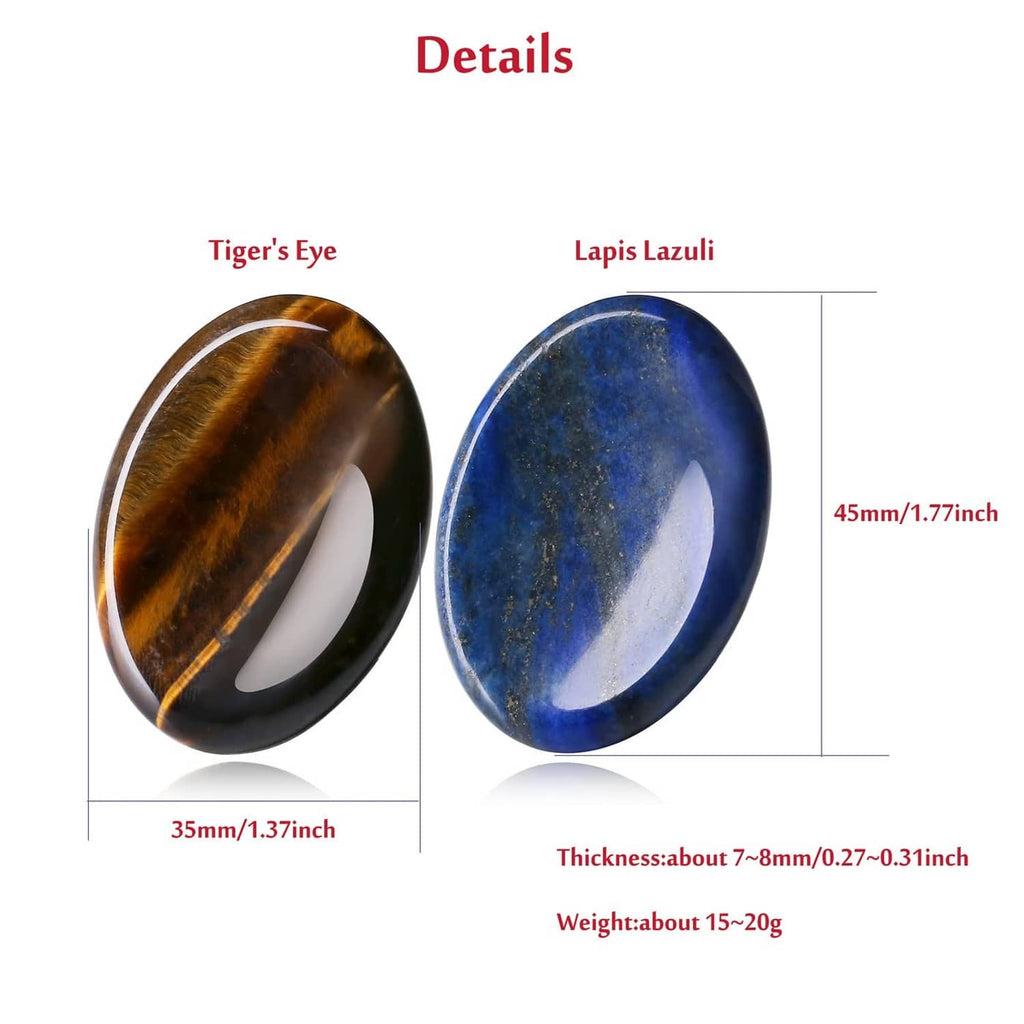 Worry stones sizes: tiger's eye and lapis lazuli oval detail diagram