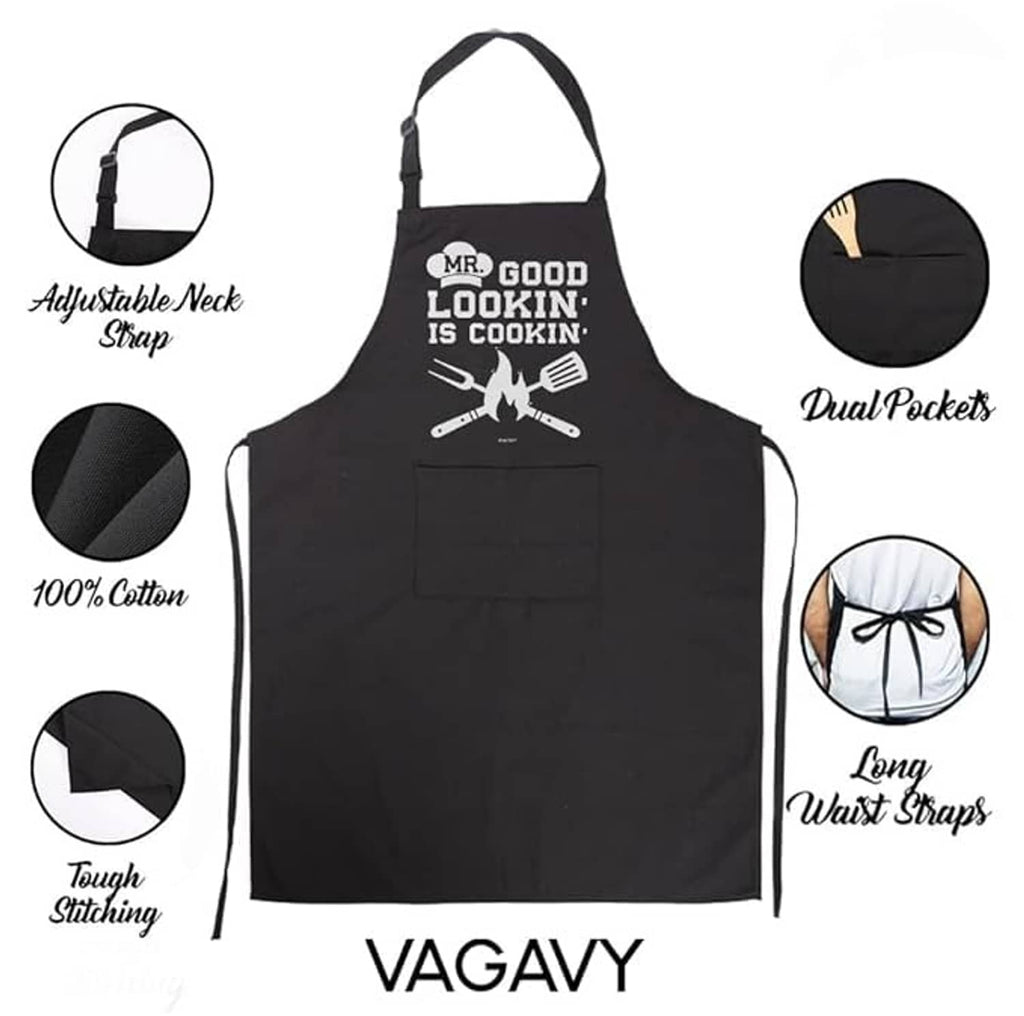 Black cotton apron with adjustable neck strap and dual front pockets, graphic logo