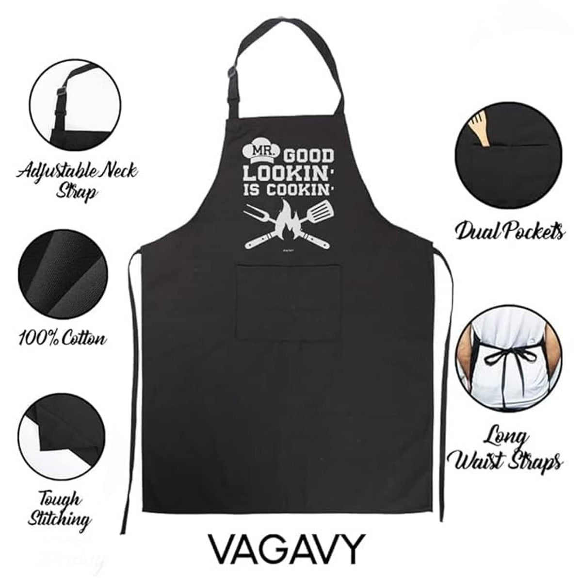 Black cotton apron with adjustable neck strap and dual front pockets, graphic logo