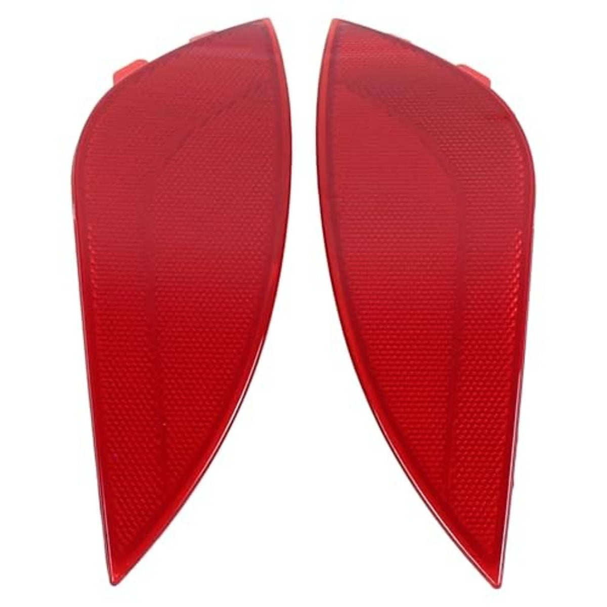 Pair of red rear bumper reflectors, textured lens with raised pattern