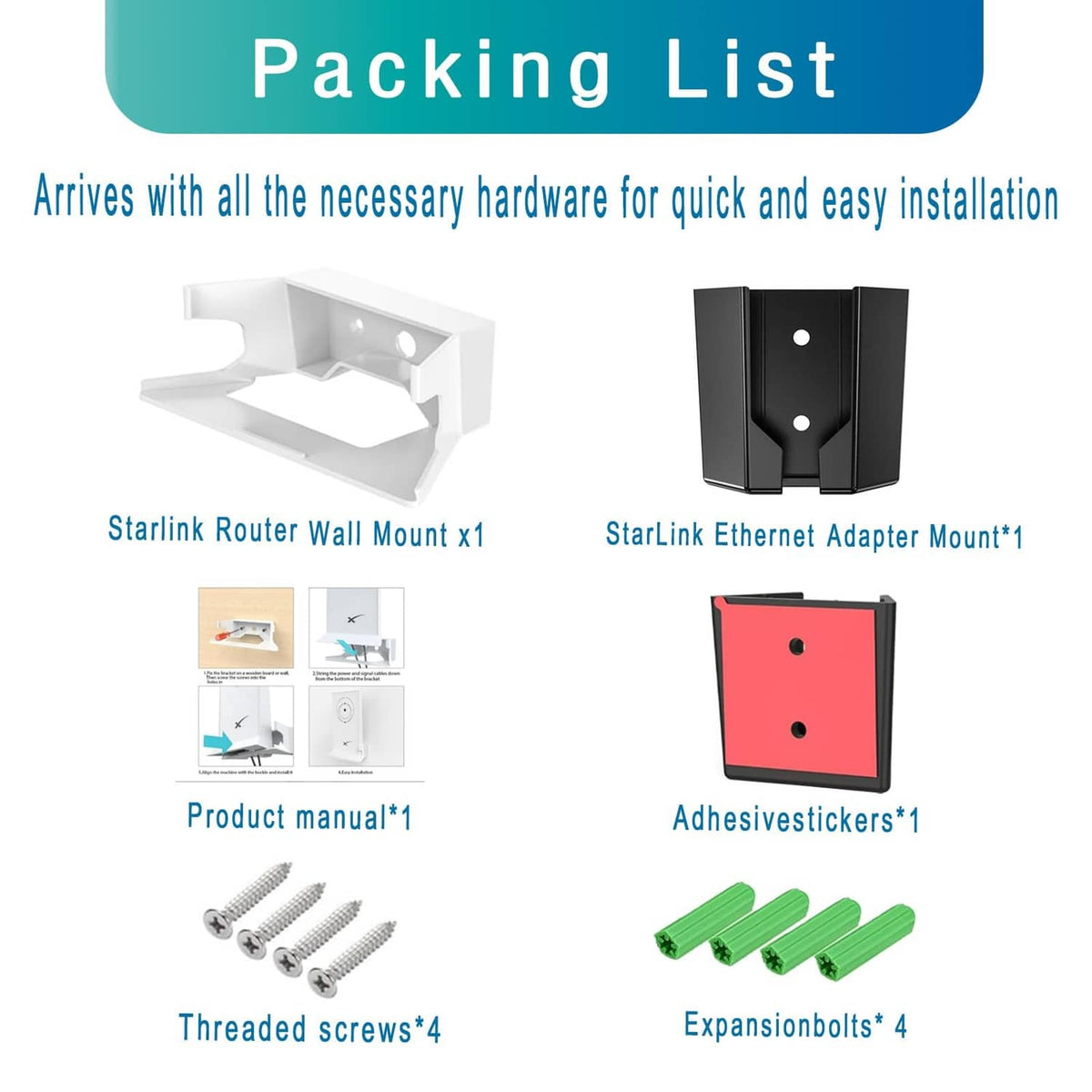 Wall mount kit components: white bracket, black adapter mount, screws, expansion bolts, stickers