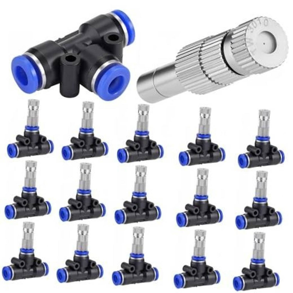 Brass misting nozzles set with black connectors and blue rings, shown with filter mesh pieces