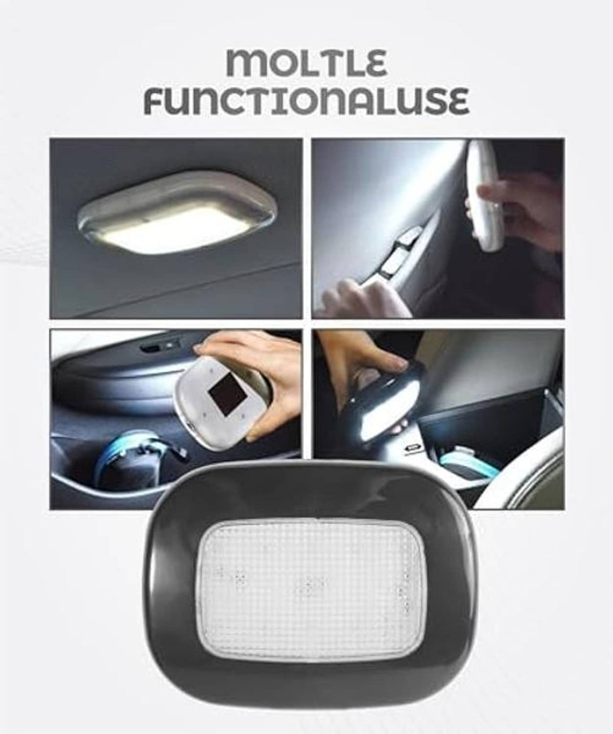 Black magnetic LED roof light shown installed, glowing white interior light