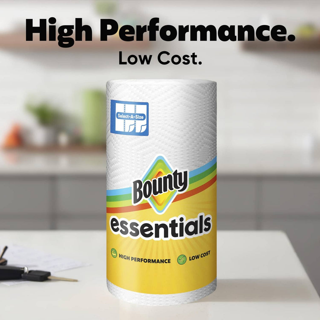White paper towel roll with embossed texture and Bounty essentials branding