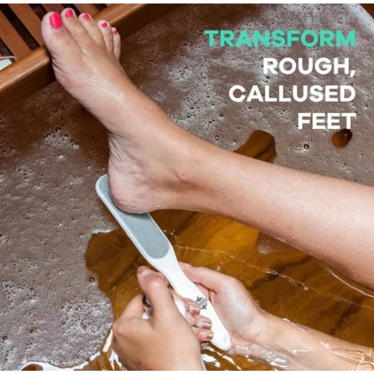 Stainless steel foot file working on a soaked heel to help reduce calluses