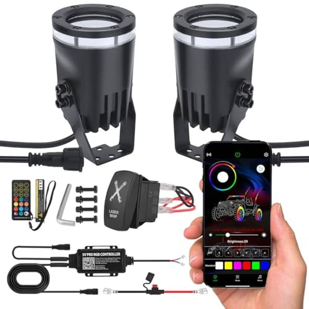Laser whip lights kit set with black fixtures, controller, remote, and connecting cables