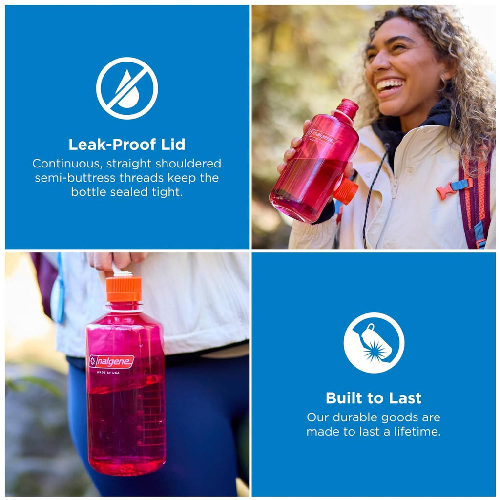 32 oz narrow mouth water bottle with orange/red cap, red-pink bottle