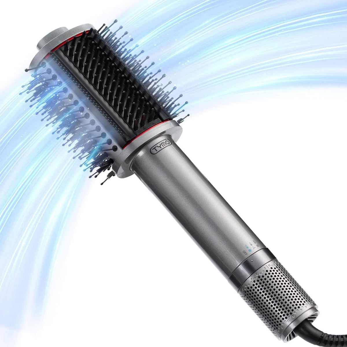 Hair blow dryer brush with black bristles, vented barrel, and silver handle