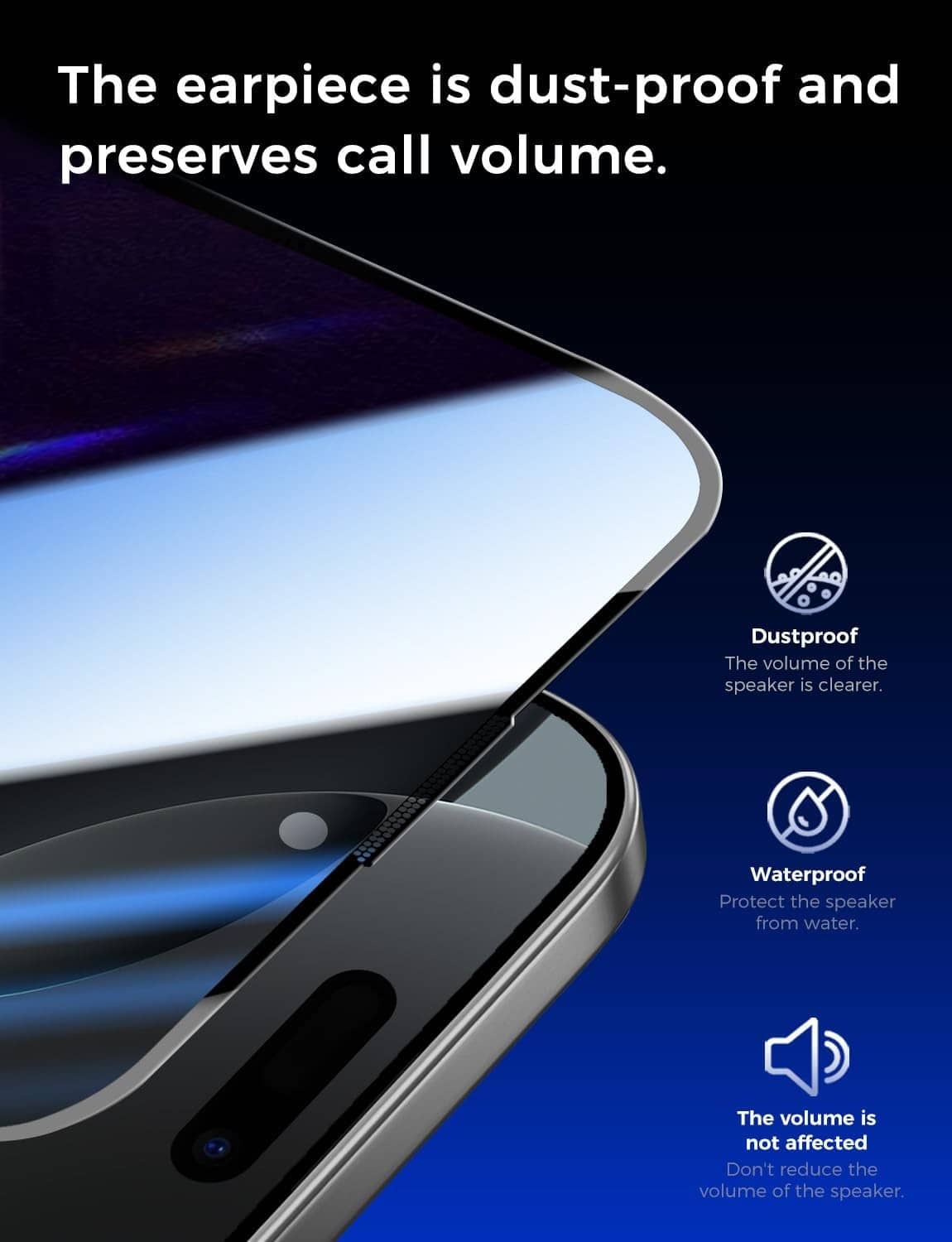 Privacy tempered-glass screen protector edge detail with dustproof and waterproof icons