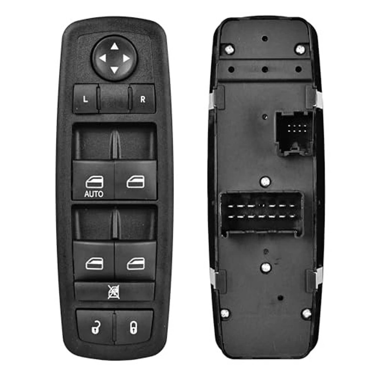 Black power window switch front with arrow controls and lock button icons
