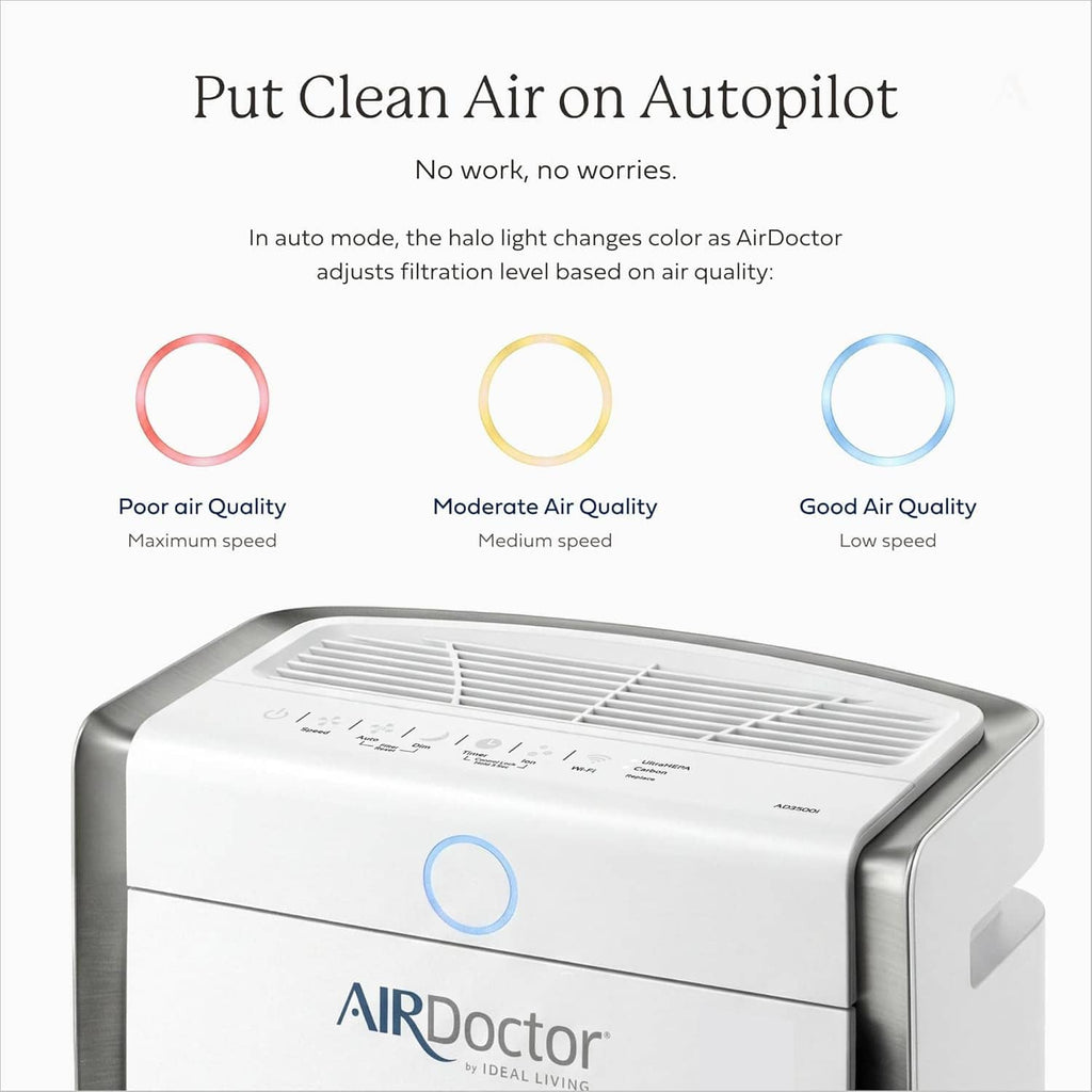 AirDoctor air purifier top control panel with ventilation grille and blue ring