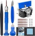 Watch battery replacement tool kit with blue opener tool, screwdriver, tweezers, and spare cells