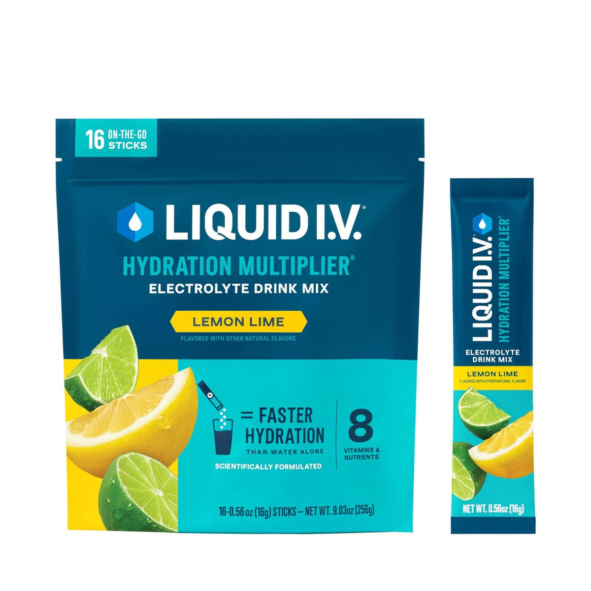Liquid I.V. electrolyte drink mix pouch with lemon lime flavor and single stick