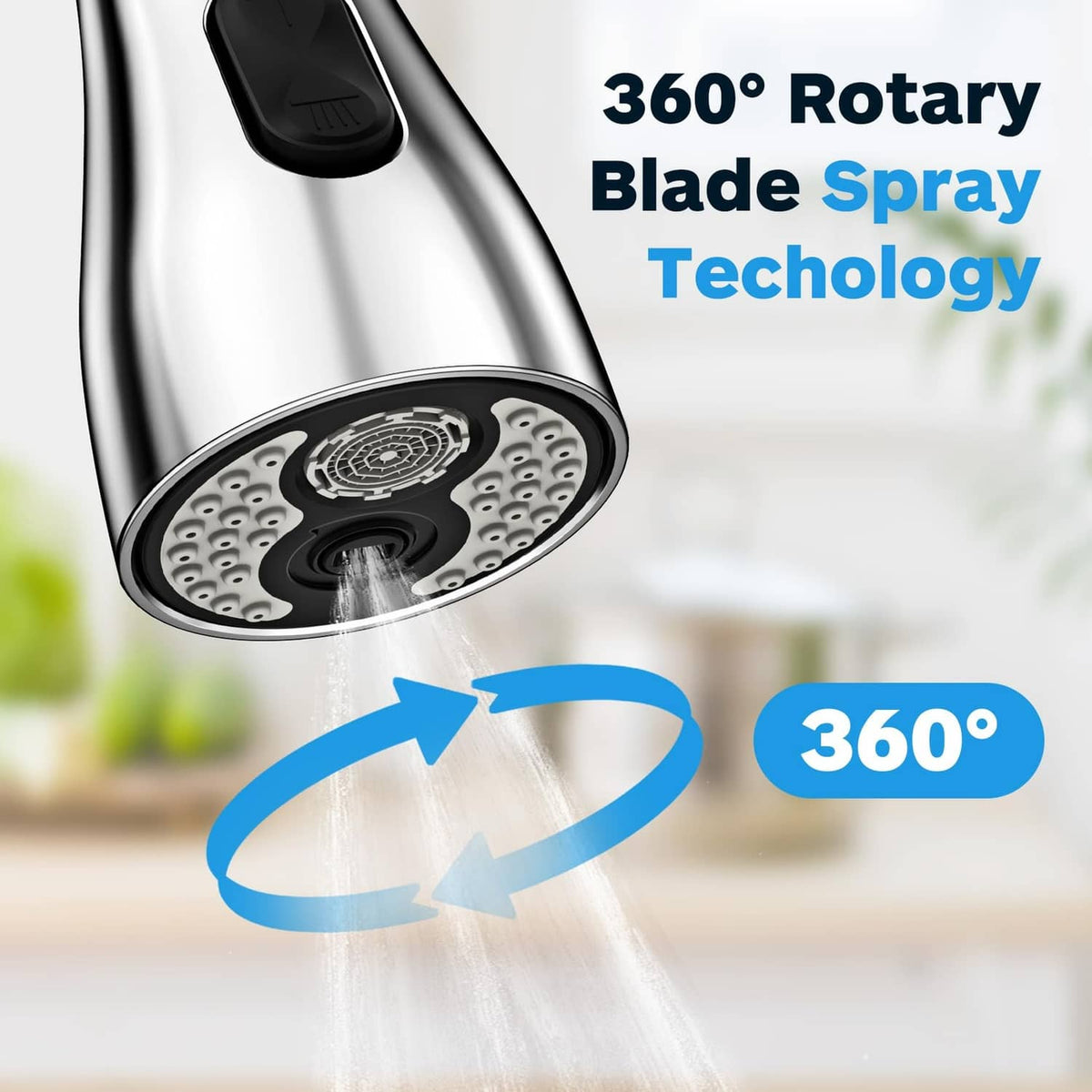 Faucet spray head with 360° rotary blade nozzle and visible water stream