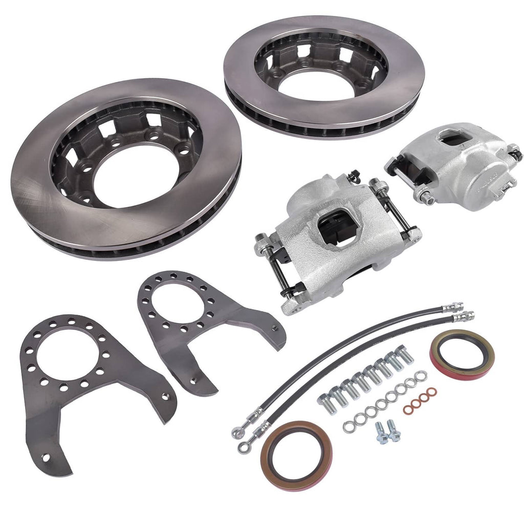 Disc brake conversion kit components: rotors, calipers, brackets, and braided brake line assembly