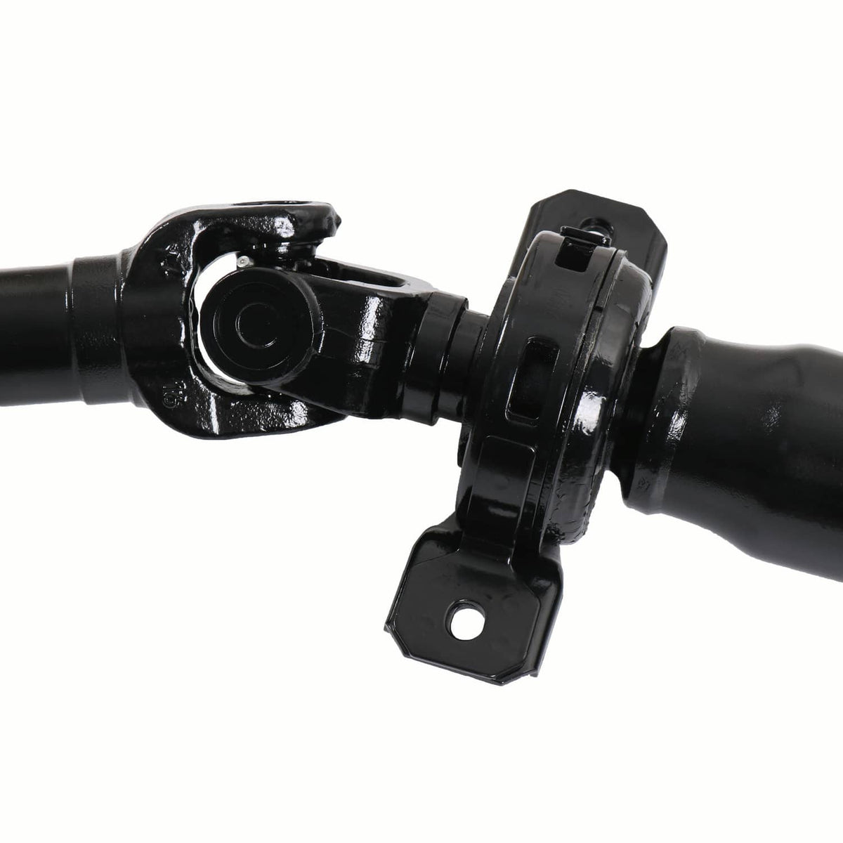 Rear driveshaft u-joint yoke with mounting bracket on black shaft
