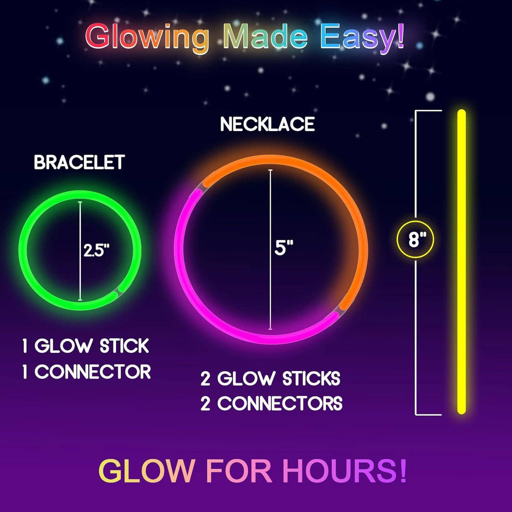 Glow stick accessories set with glowing bracelet, necklace, and connected tube diagram