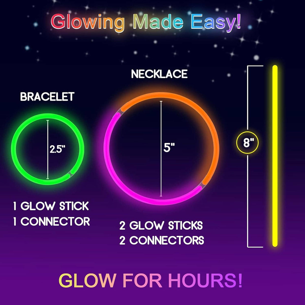 Glow stick accessories set with glowing bracelet, necklace, and connected tube diagram