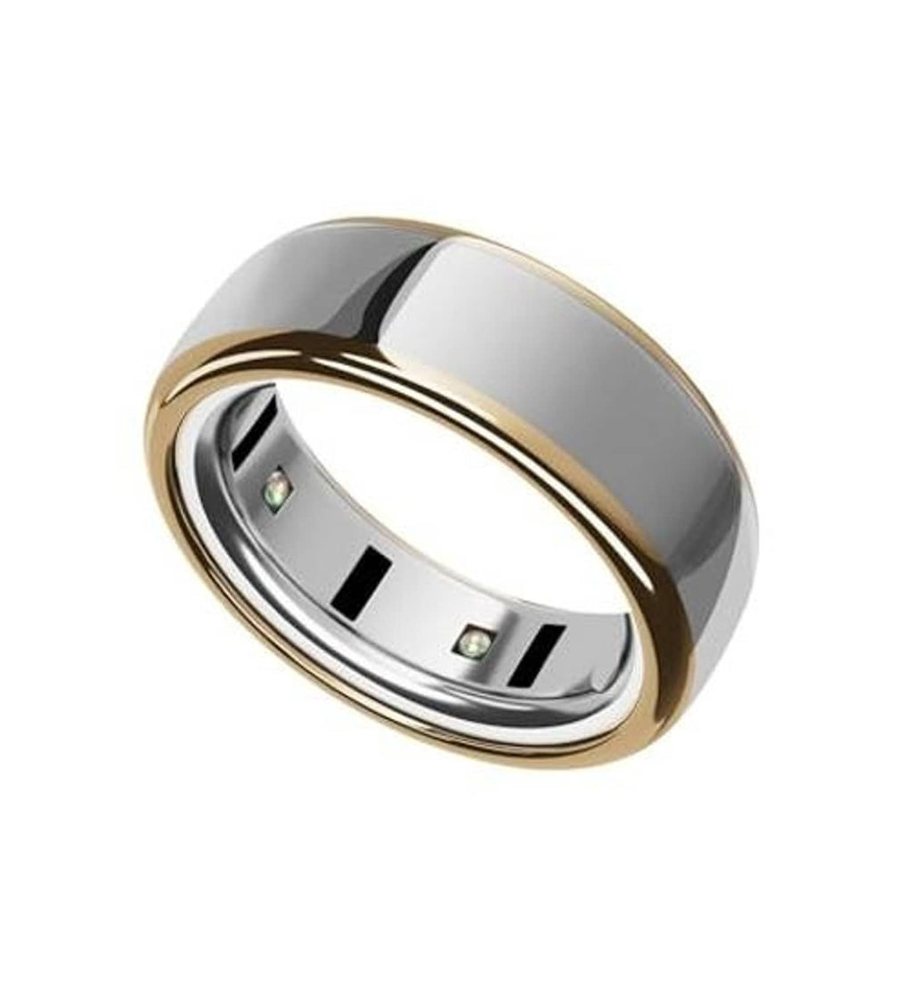 Gold-tone Oura ring cover with glossy finish, silver interior band, side view