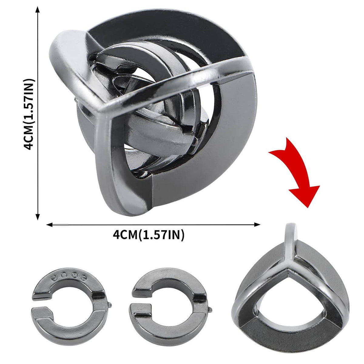 Silver-tone rotating maze puzzle with triangular end piece, shown in side view