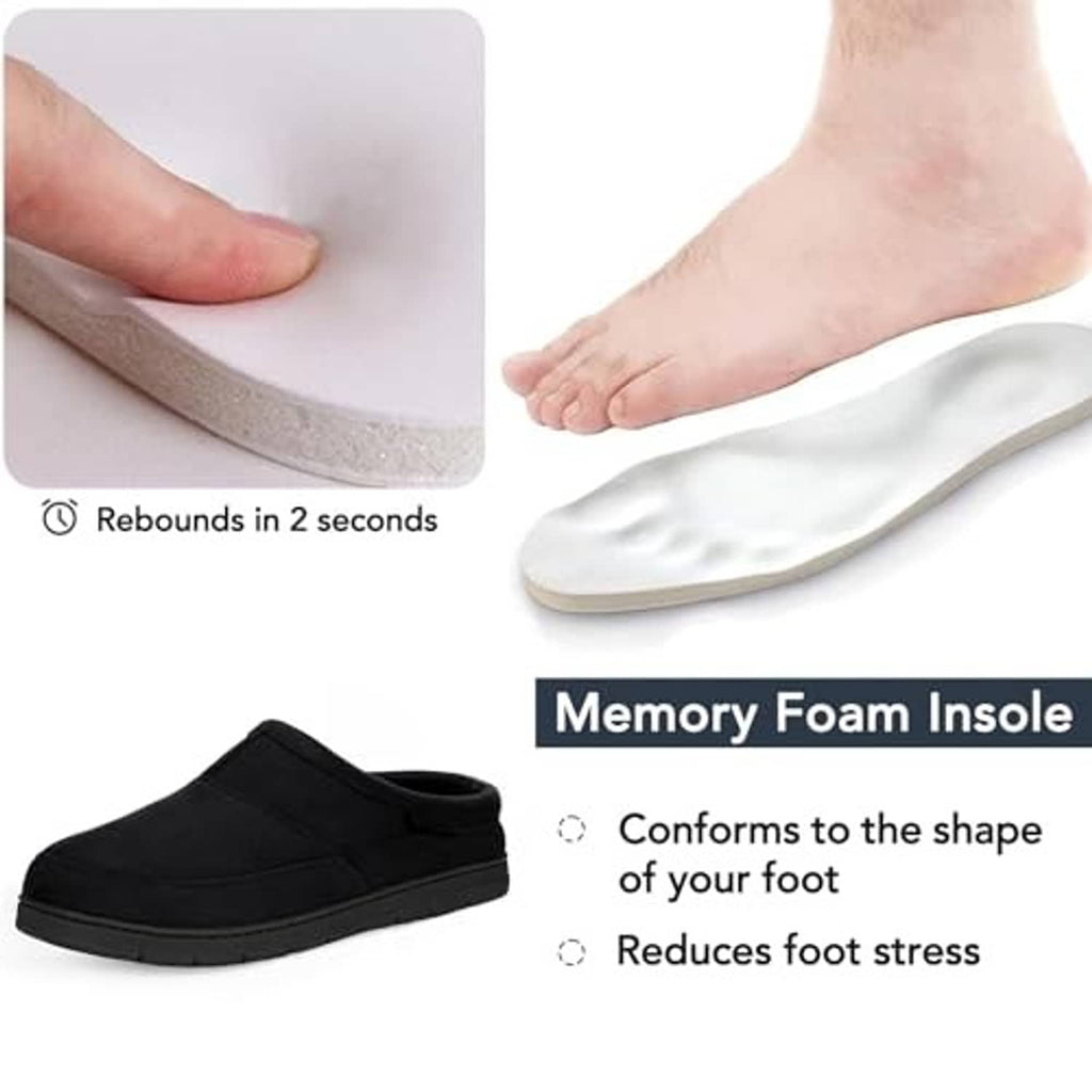 Black men's house slipper with cushioned insole and soft terry-like lining