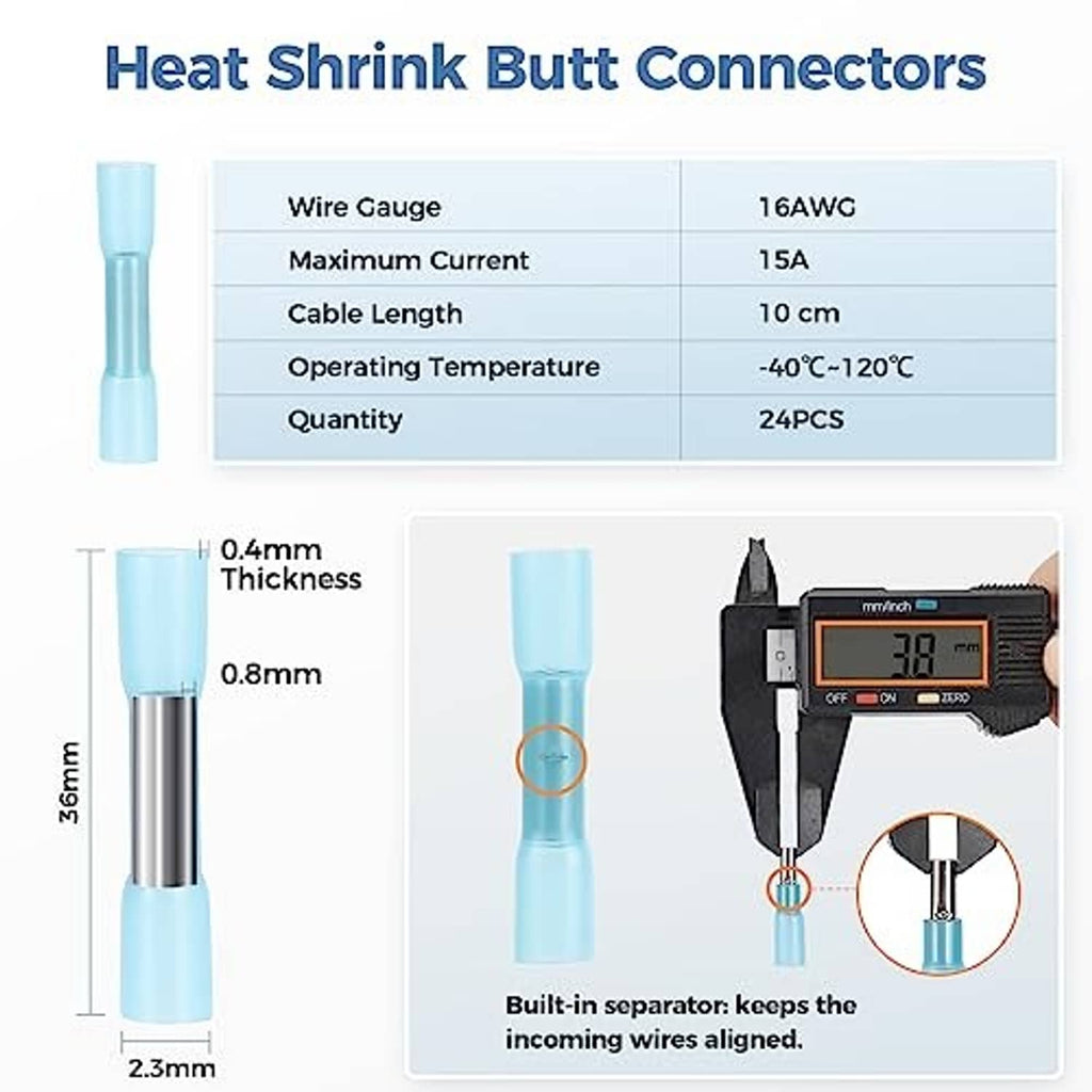 Heat-shrink butt connector wiring tips with clear sleeves and bare metal ends