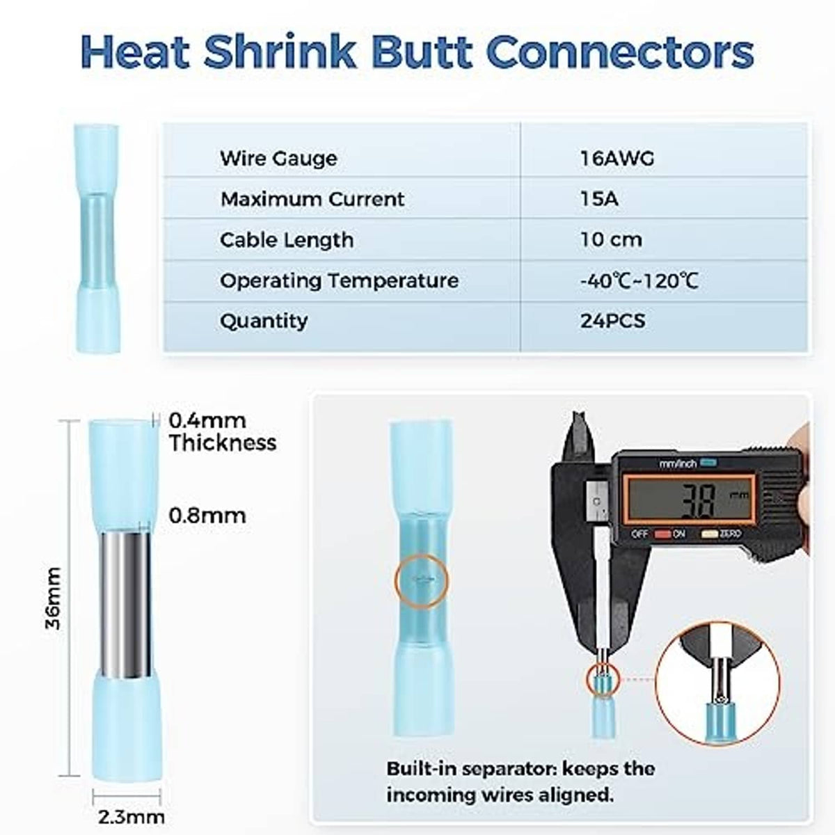 Heat-shrink butt connector wiring tips with clear sleeves and bare metal ends