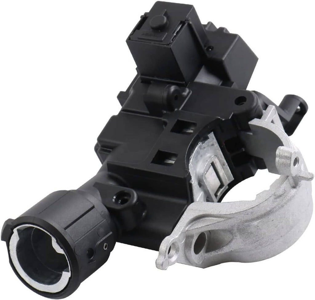 Black ignition lock housing with metal base bracket and side cylindrical socket opening