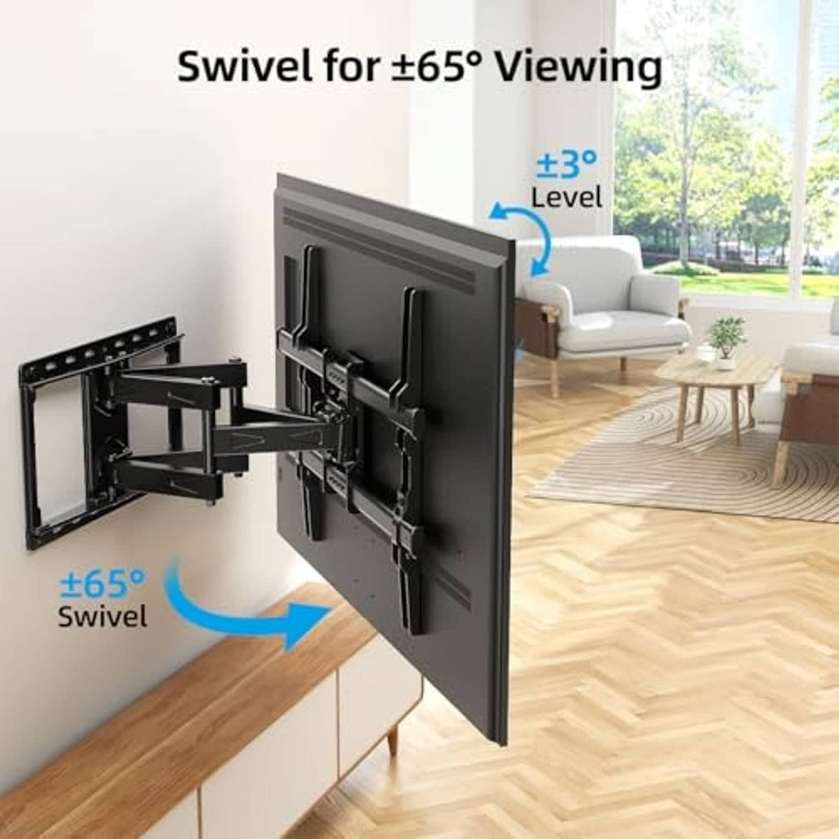 Full-motion TV wall mount with swivel arms and locking brackets on wall plate