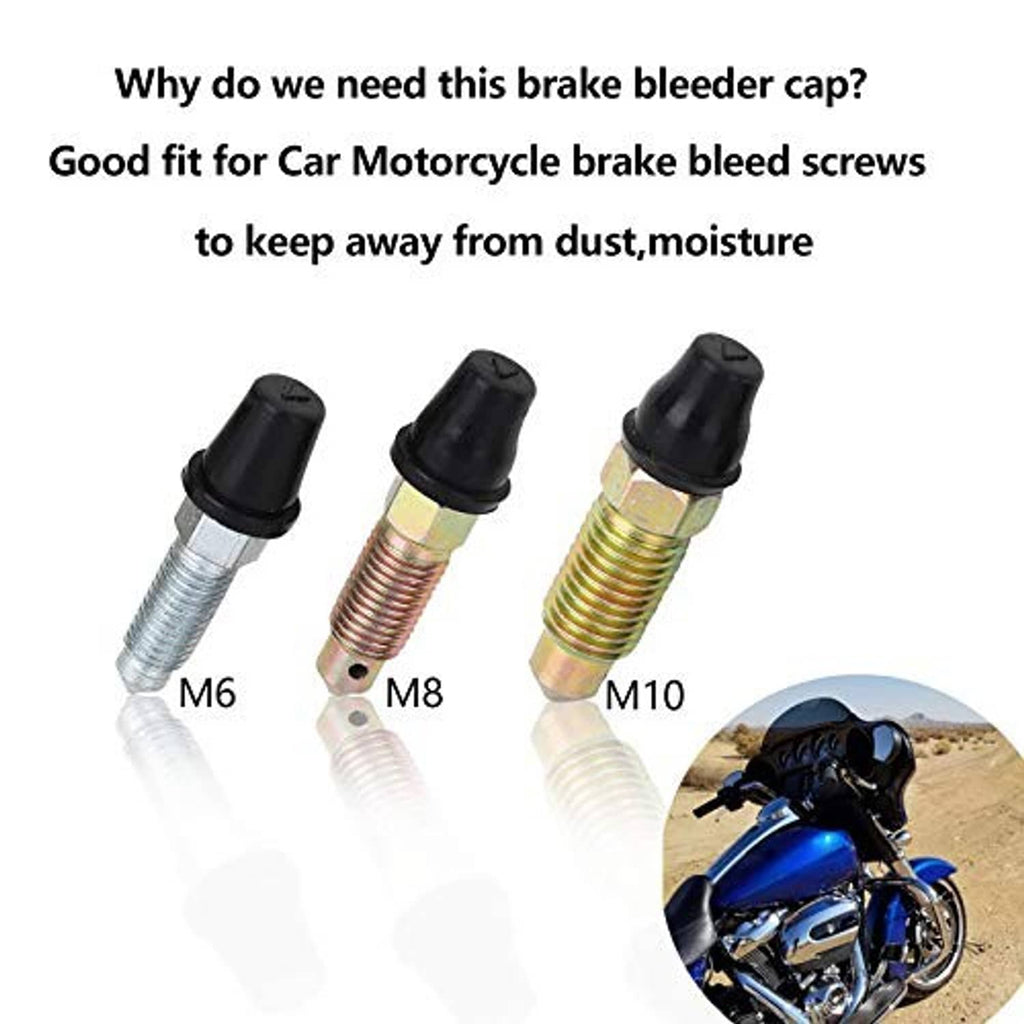 Brake bleeder screw dust caps with black tops and threaded metal bodies, M6 M8 M10