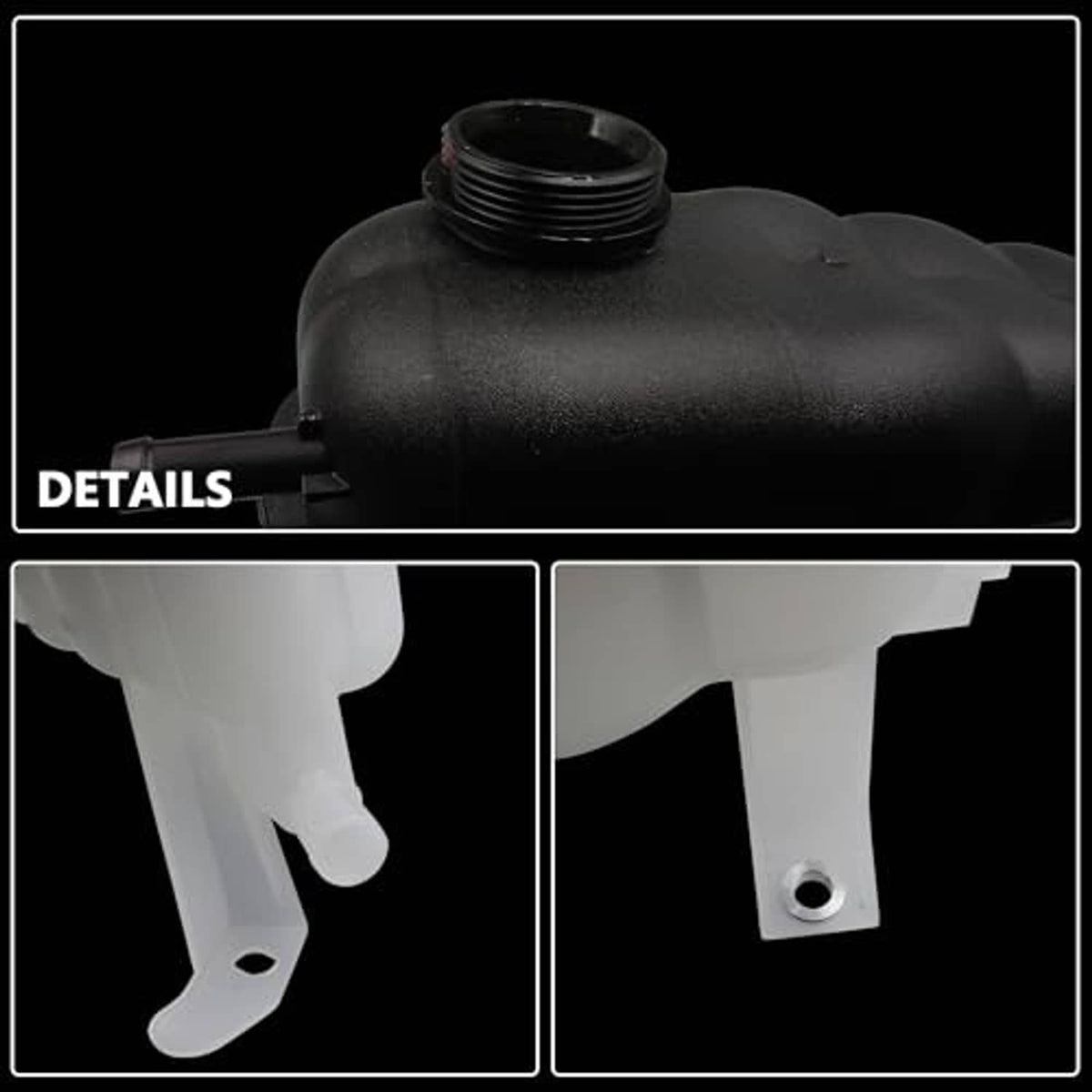 Black coolant reservoir cap with threaded opening on pressurized white tank