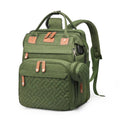 Army green quilted diaper bag with front pockets and top handle, includes changing station