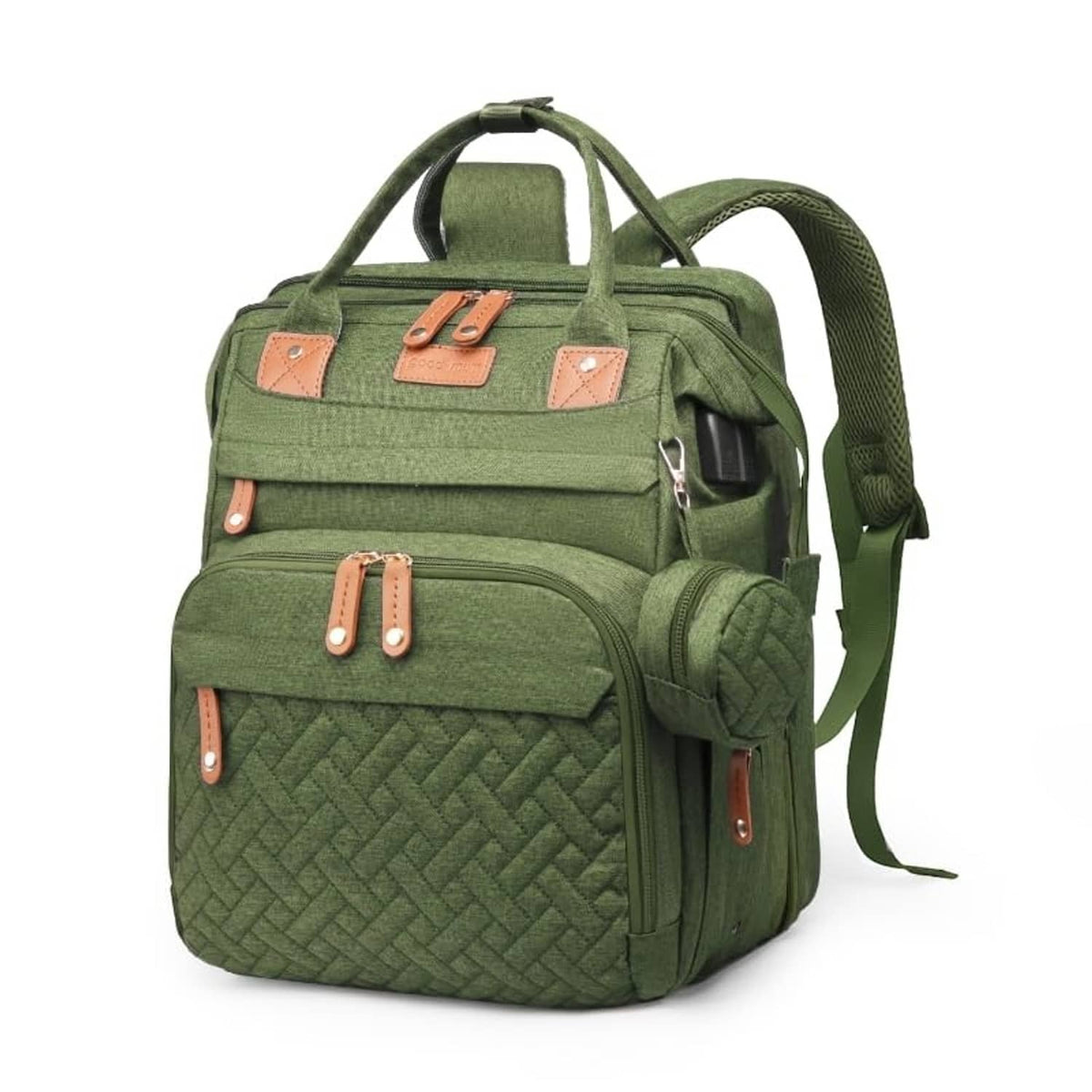 Army green quilted diaper bag with front pockets and top handle, includes changing station