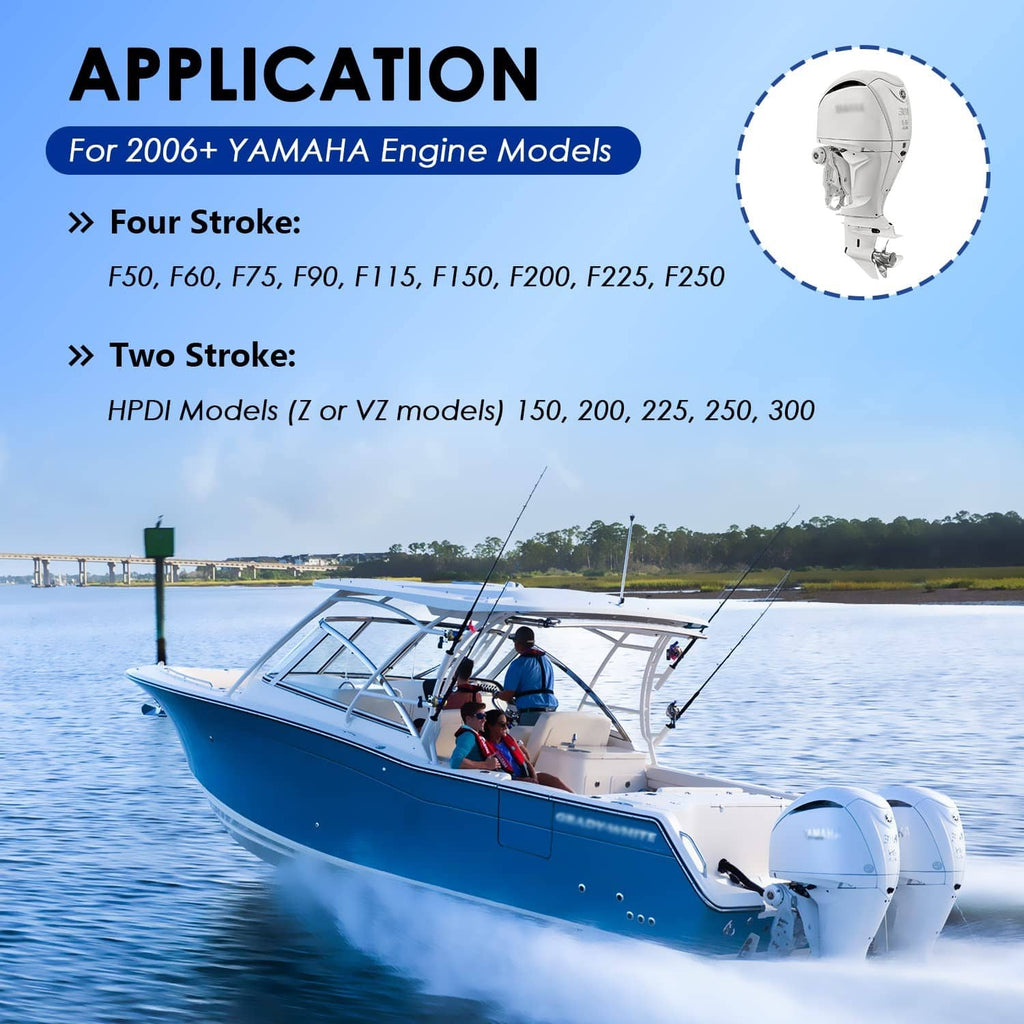 Boat on water with engine interface cable application graphic for Yamaha engines.