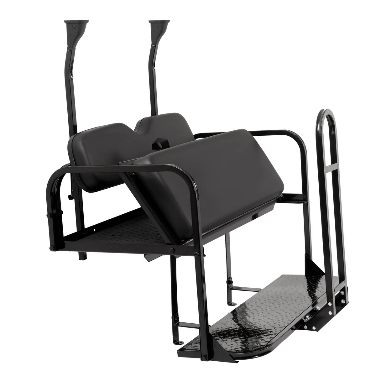 Black rear flip seat frame with padded backrest and side hand holds over steps
