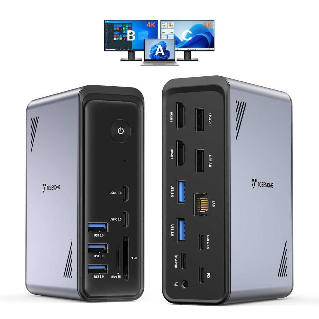Grey USB-C laptop docking station with two connector ports and power button