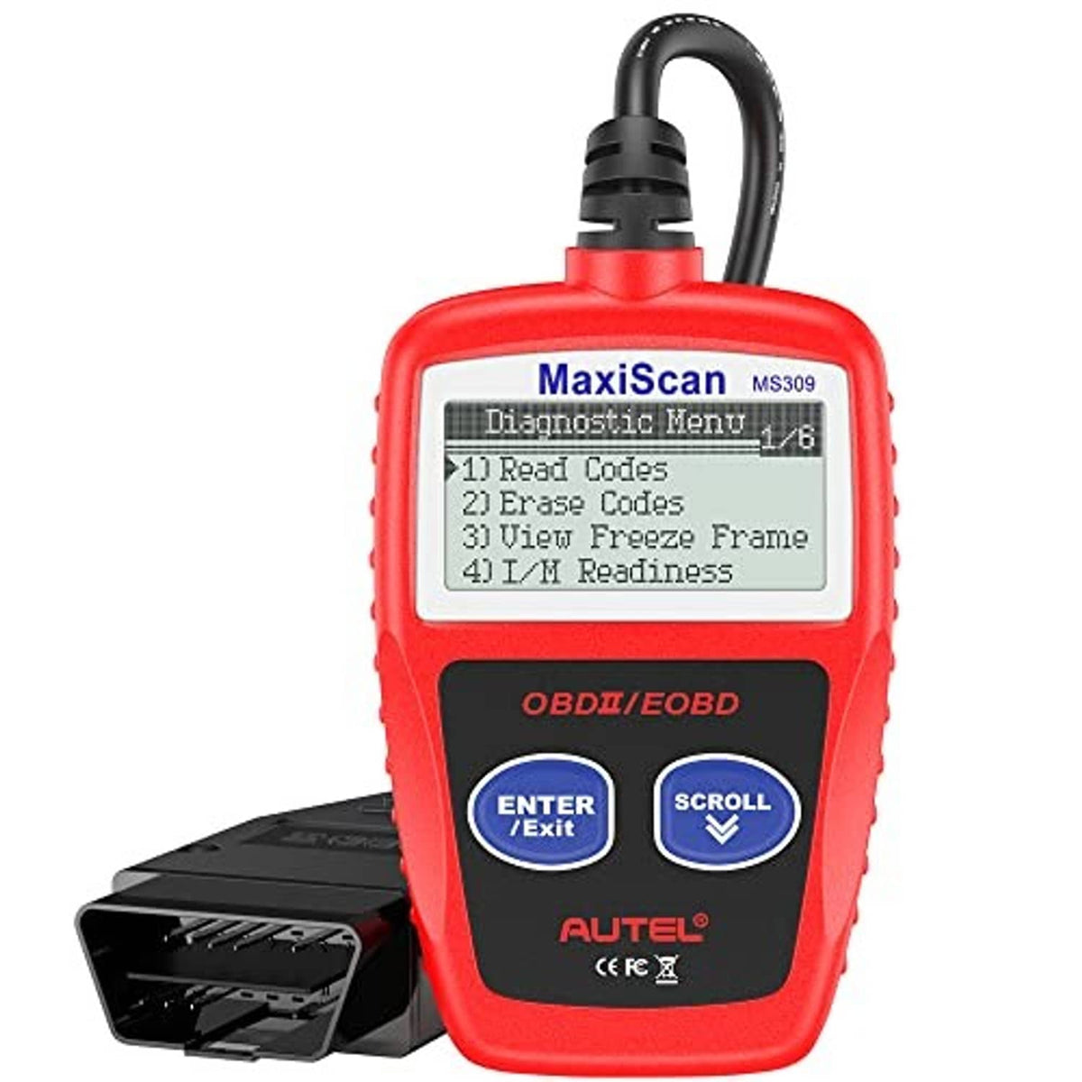 Red handheld OBD II scanner with LCD display showing Diagnostic Menu and two control buttons