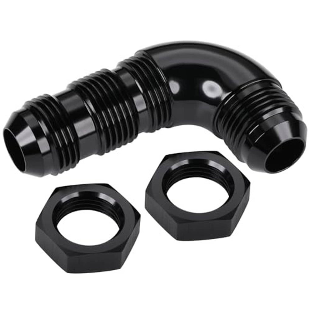 Black 90-degree flare fitting adapter with male threaded ends and three hex nuts