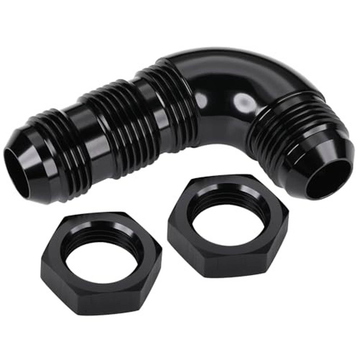 Black 90-degree flare fitting adapter with male threaded ends and three hex nuts