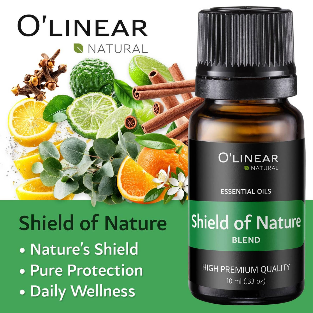 Essential oil blend bottle with ribbed black cap; dark amber glass; green Shield of Nature label