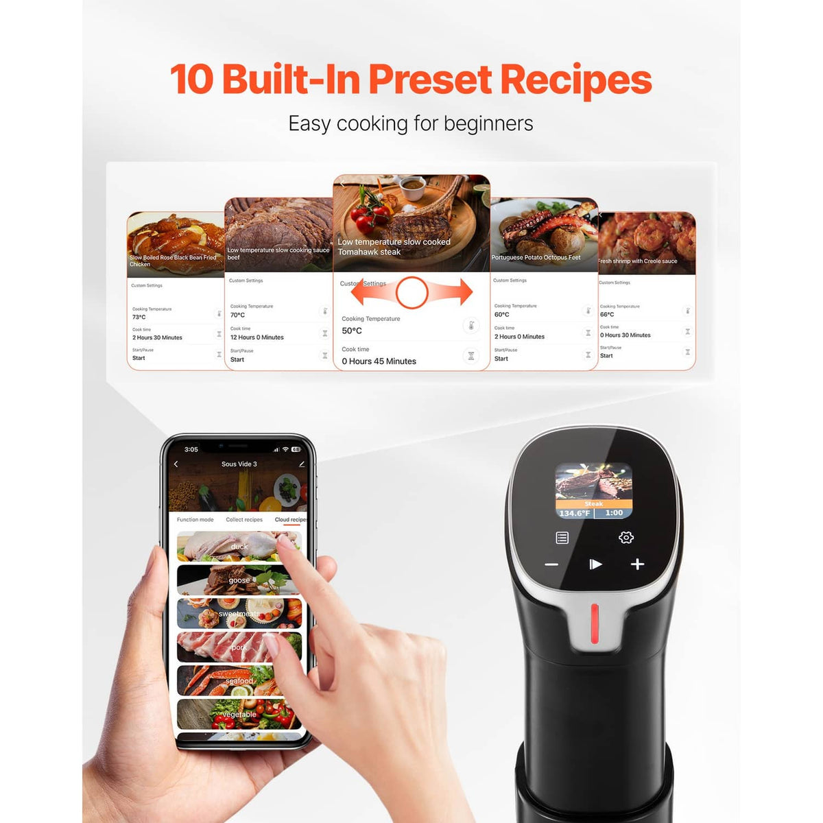 Uimoso sous vide precision cooker app control with built-in preset recipe interface
