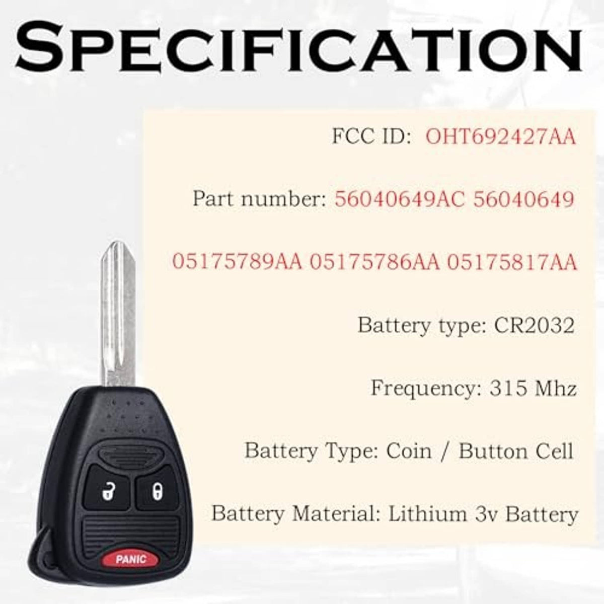 Black key fob remote with metal key blade and red PANIC button