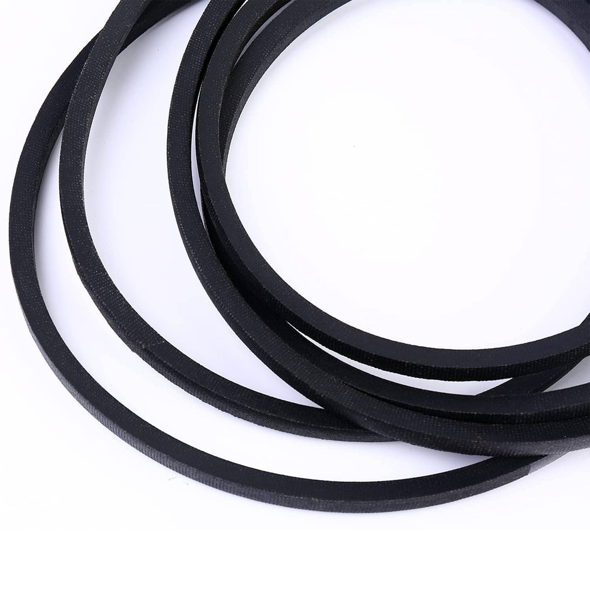 Lawn mower deck belt, close-up of black rubber looped strands and grooves