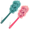 Teal and pink loofah back scrubbers with long handles and mesh sponge heads