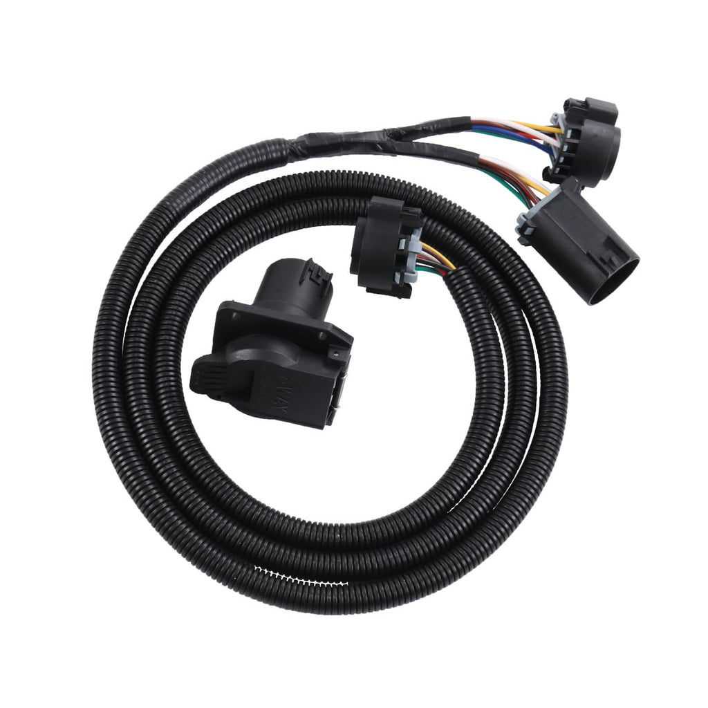 Black coiled trailer wiring harness extension with three rectangular connector housings